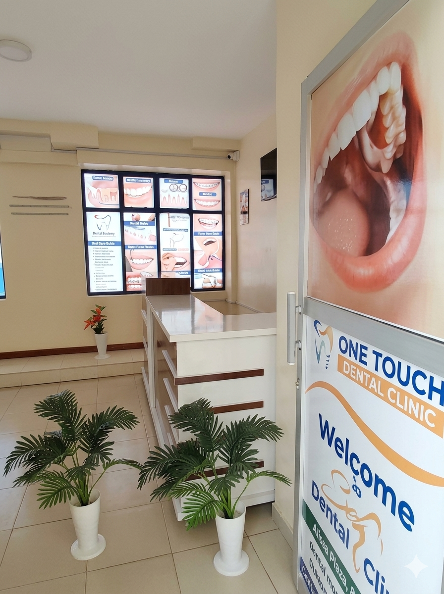 One Touch Dental Clinic reception area at Alisa Plaza 8th Floor Thika Kenya — clean, modern and welcoming